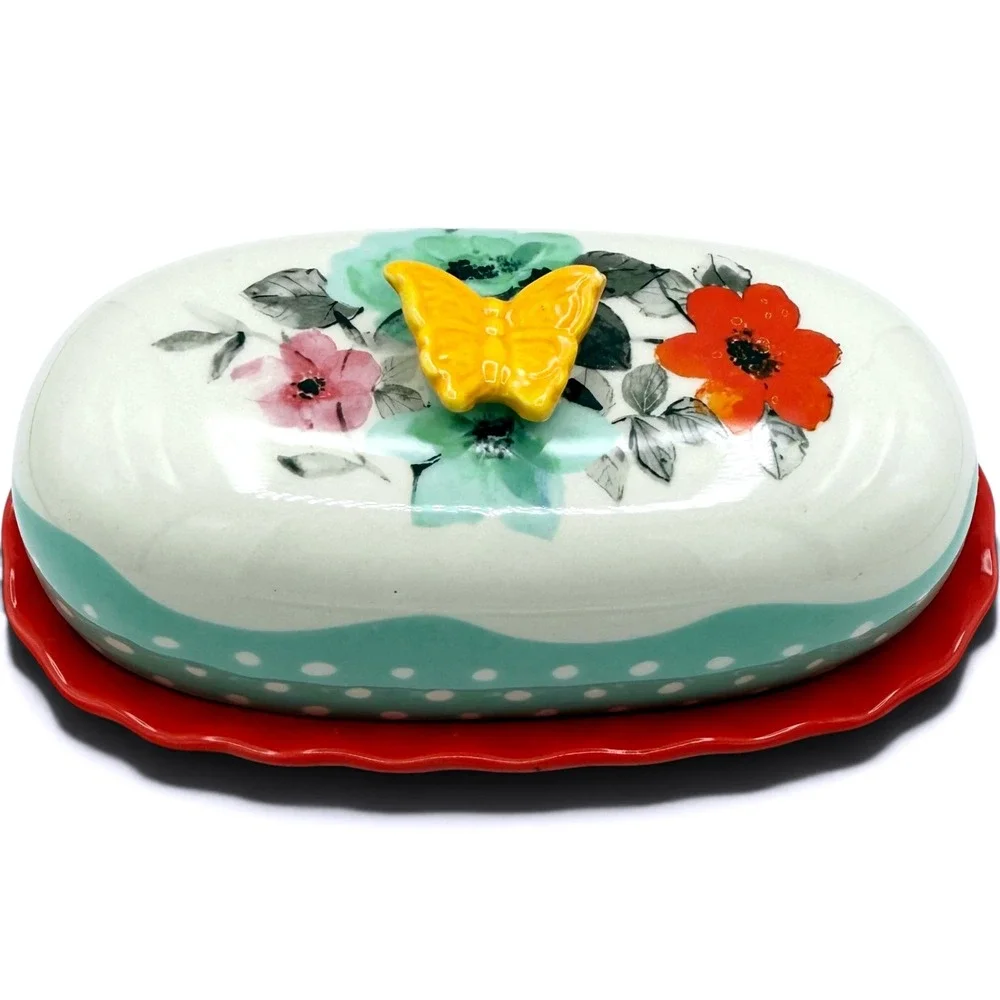 The Pioneer Woman Flea Market Floral Butter Dish Butterfly Red Turquoise 6.5